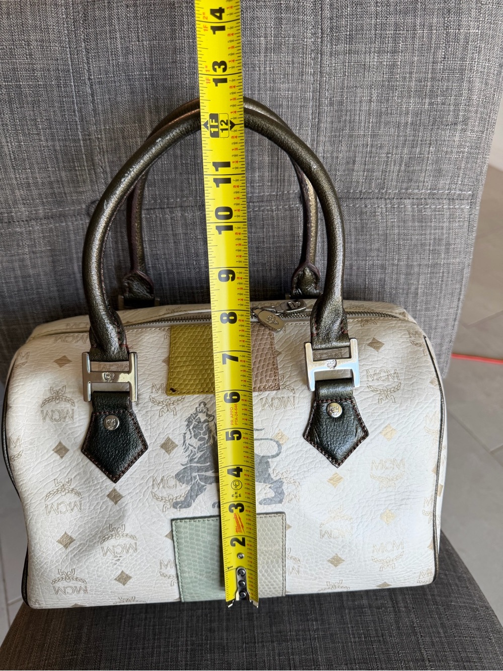 MCM White Leather Satchel with Multicolor Patch Accents - Picture 11 of 13